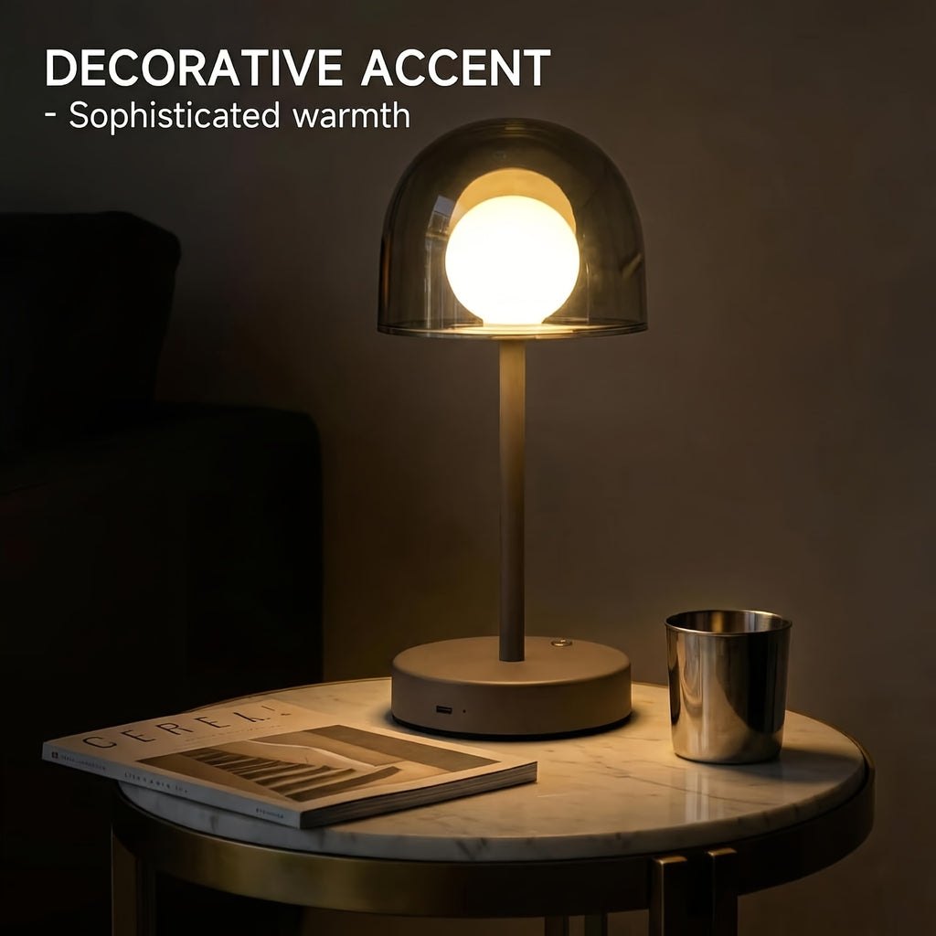 Lampe de table LED sans fil à dôme fumé et globe opalin, grise