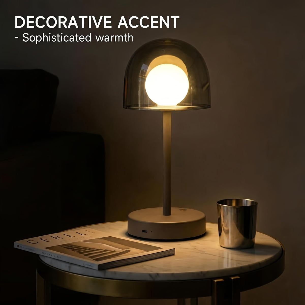 Lampe de table LED sans fil à dôme fumé et globe opalin, grise