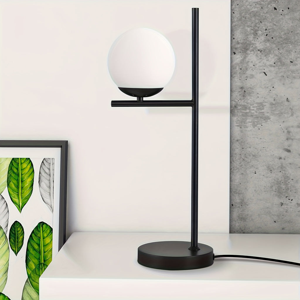 Lampe de chevet globe en verre opalin sur tige noire ou dorée, E27