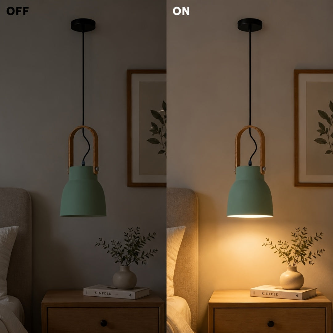 Suspension cloche vert sauge, gris ou rose, anse effet bois