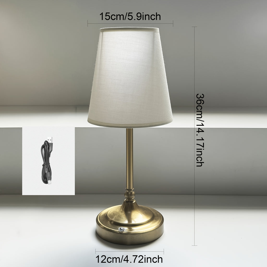 Lampe de chevet rechargeable au pied doré, abat-jour tissu 36 cm