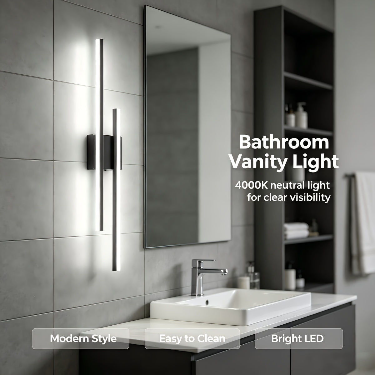Applique murale LED double barre noire de 60 cm, blanc neutre