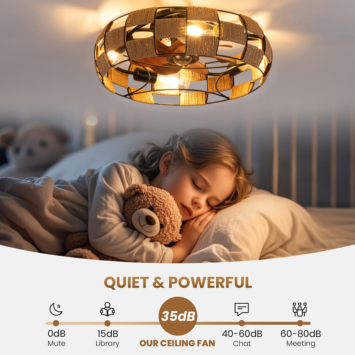Plafonnier ventilateur cage en métal et corde, 4 douilles, Ø 48 cm