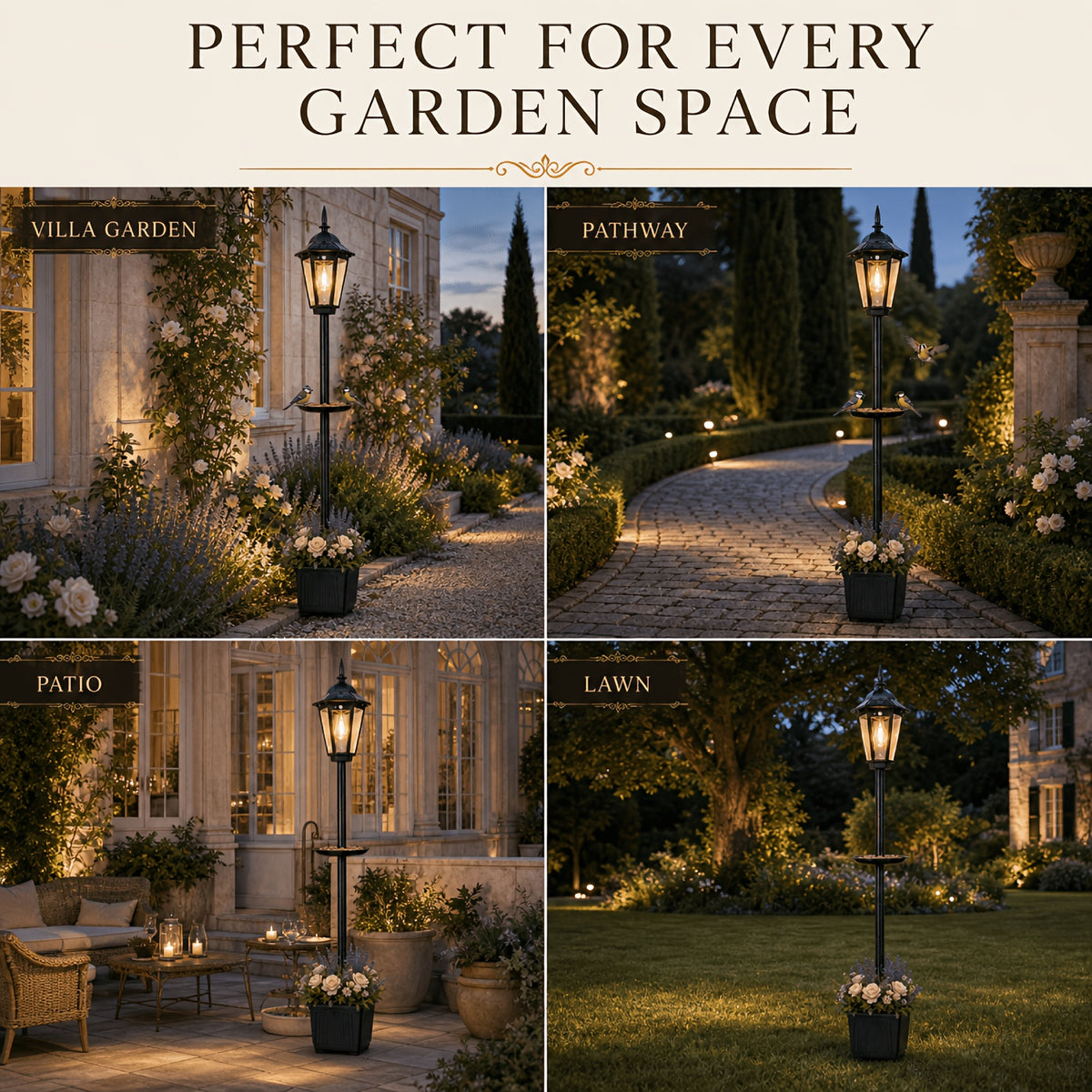 Lampadaire solaire de jardin avec mangeoire à oiseaux et pot