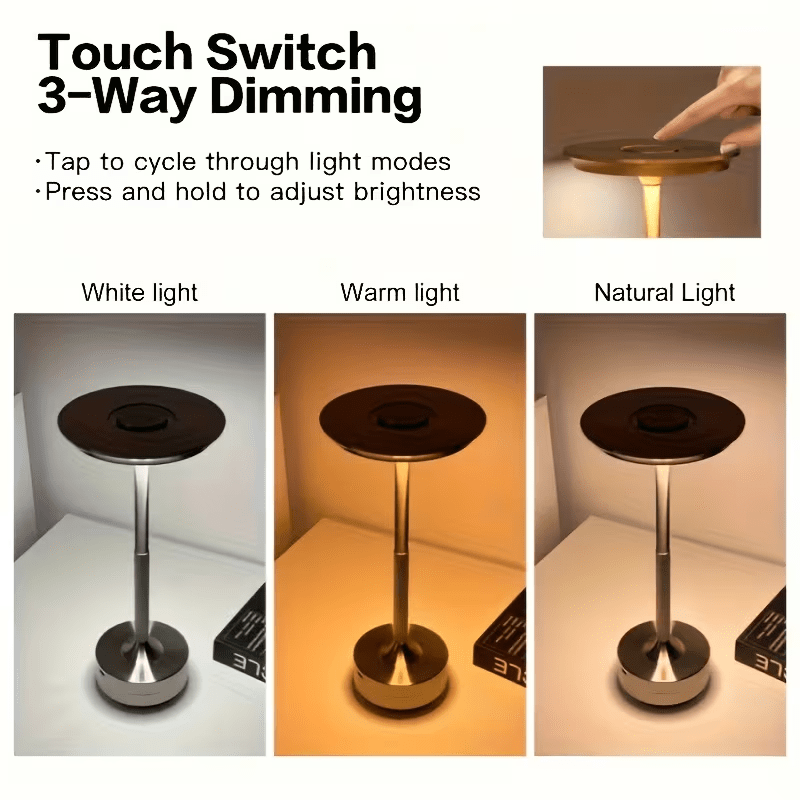 Lampe de table sans fil dorée à tête disque, tactile et rechargeable