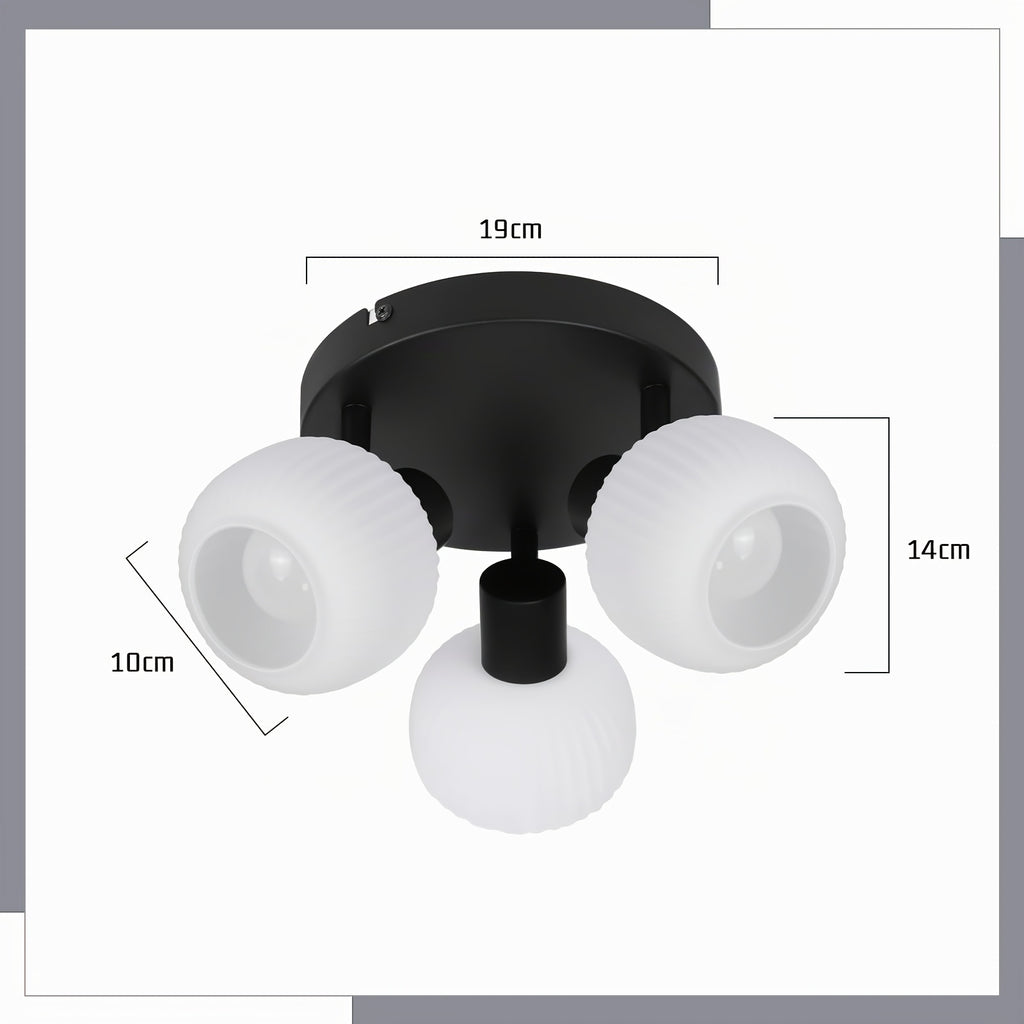 Plafonnier 3 globes en verre blanc côtelé sur platine noire, E14