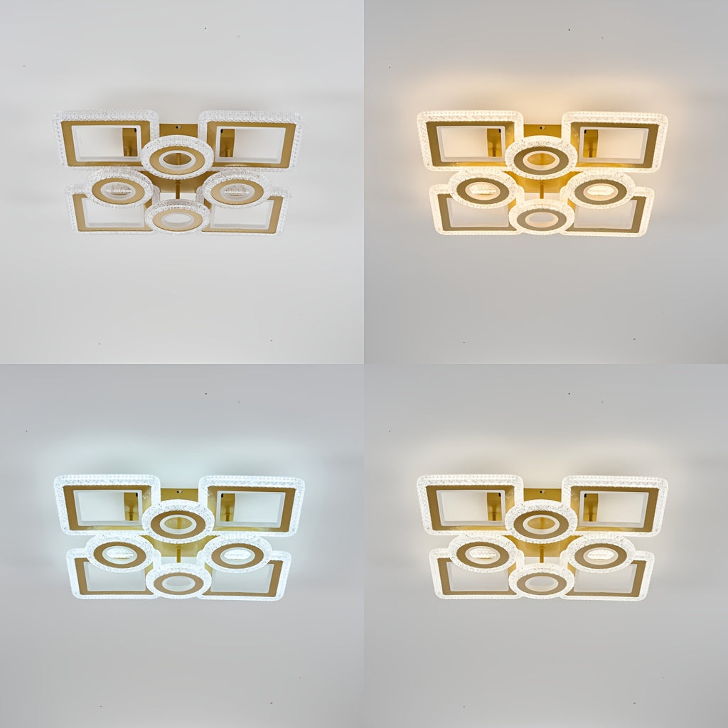 Plafonnier LED géométrique 75 cm, anneaux et carrés, trois teintes