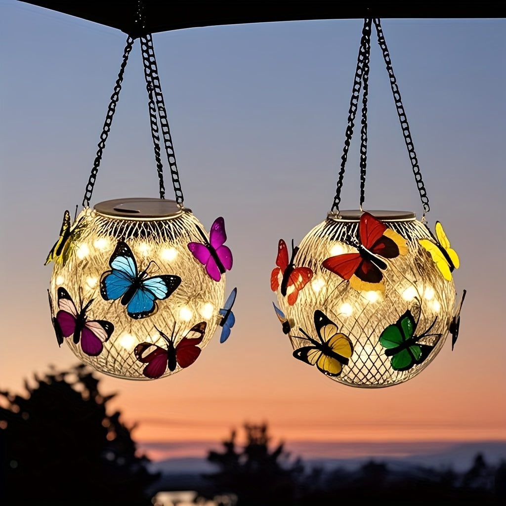 Lot de 2 lanternes solaires boules à papillons, à suspendre, IP65