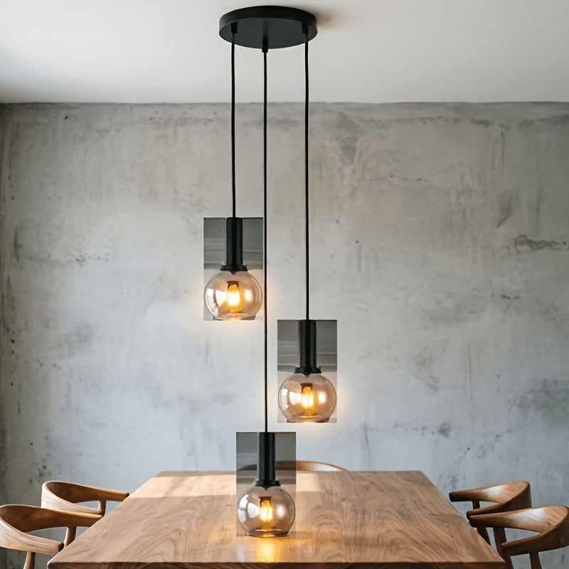 Suspension 3 globes en verre fumé sur cylindres noirs, E27
