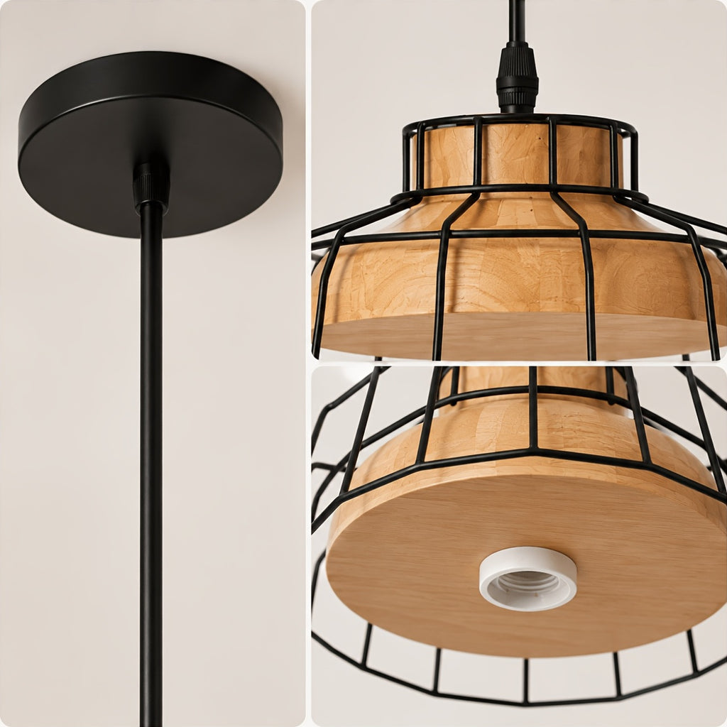 Suspension cage en fer noir à chapeau effet bois, Ø 26 cm, E27
