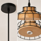Suspension cage en fer noir à chapeau effet bois, Ø 26 cm, E27