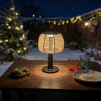 Lampe champignon solaire tressée effet rotin, chaînette, 33,5 cm