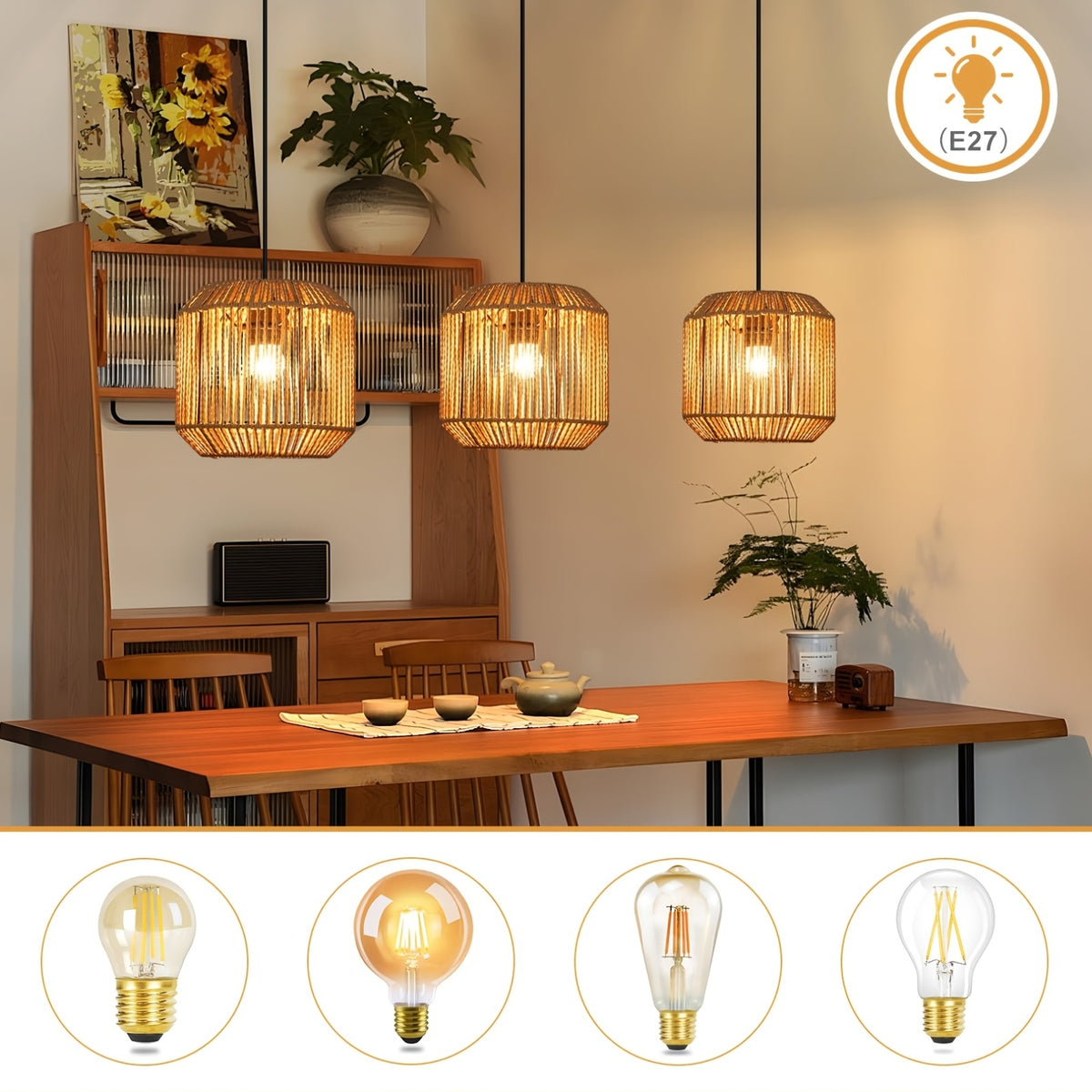 Suspension 3 lumières tressée, barre noire de 71 cm, douilles E27