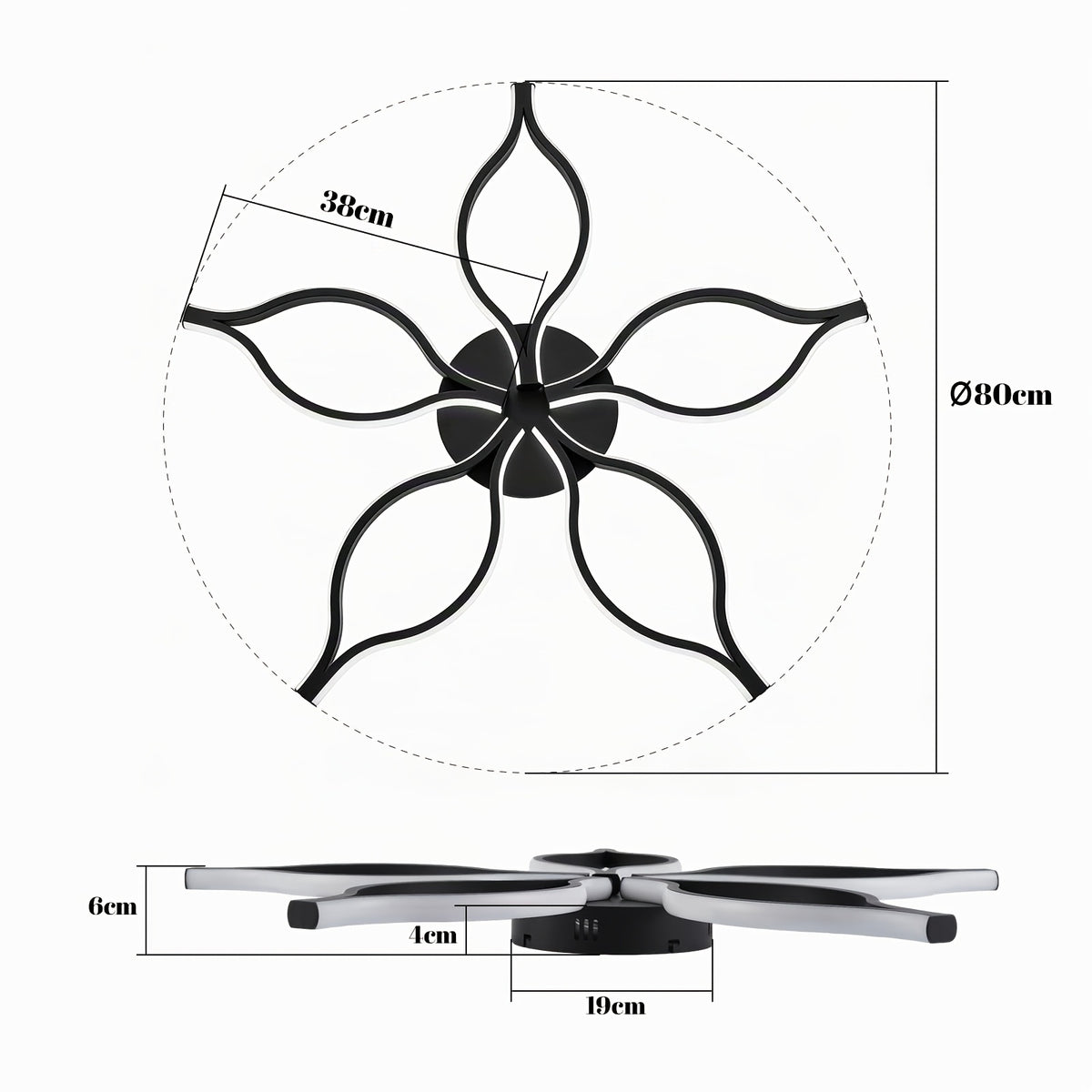 Plafonnier LED fleur à cinq branches courbes, Ø 80 cm, noir ou blanc