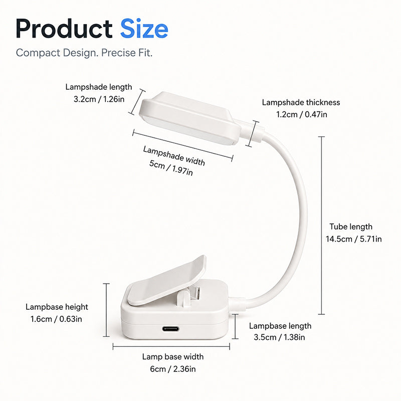 Liseuse à pince blanche au format mini, col de 14,5 cm, USB-C