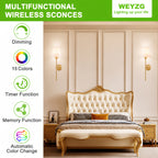 Lot de 2 appliques murales dorées sans fil, ampoules LED RVB