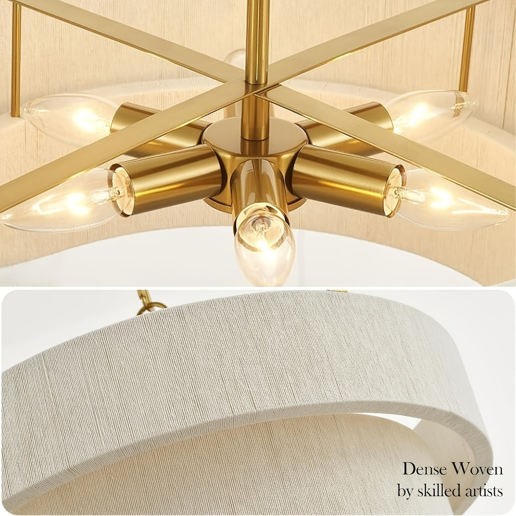 Lustre tambour à deux étages effet tissé blanc, chaîne dorée, Ø 50 cm