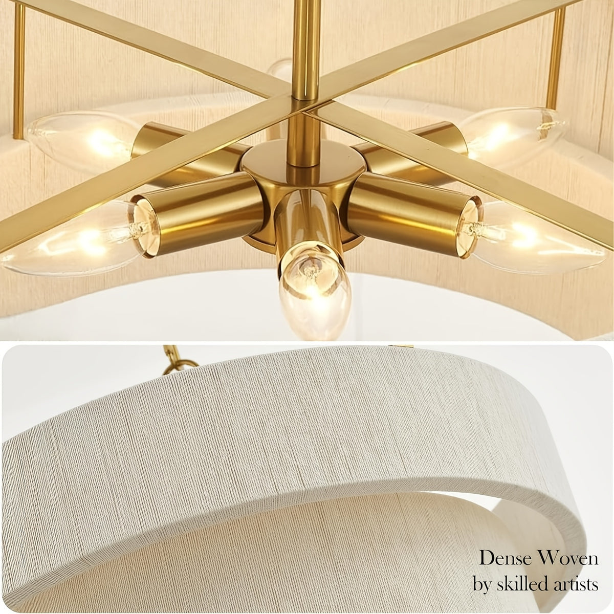 Lustre tambour à deux étages effet tissé blanc, chaîne dorée, Ø 50 cm