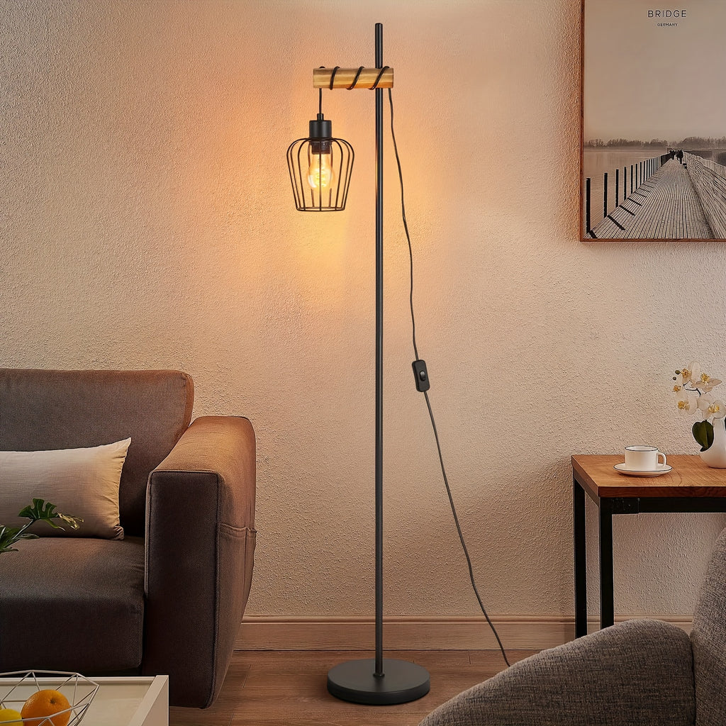 Lampadaire industriel à une cage métal et bras en bois, 151 cm