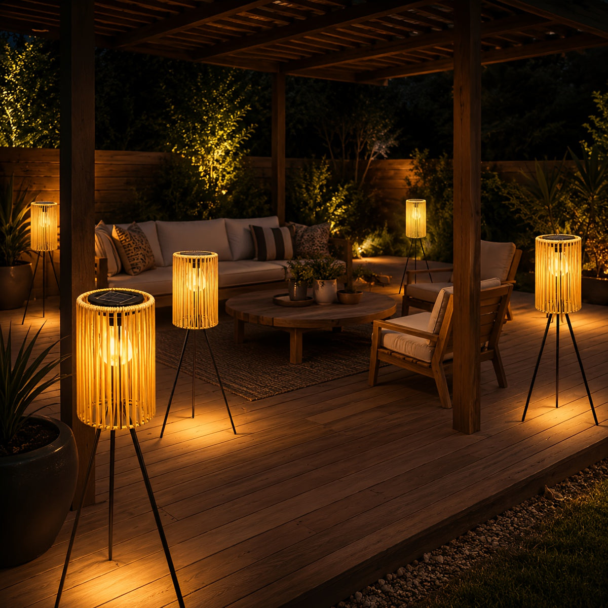 Lampadaire solaire d'extérieur sur trépied, lanterne tressée 78 cm