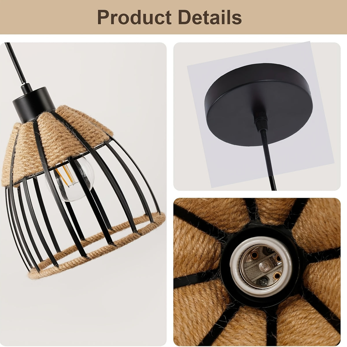Suspension champêtre cage en métal noir et corde naturelle, Ø 17 cm