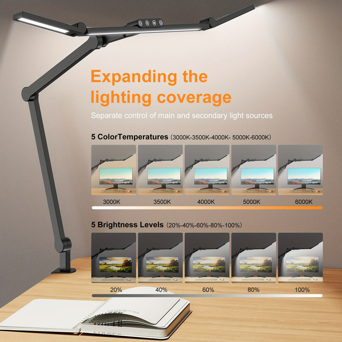 Lampe de bureau à pince d'architecte 24 W, barre LED de 58 cm