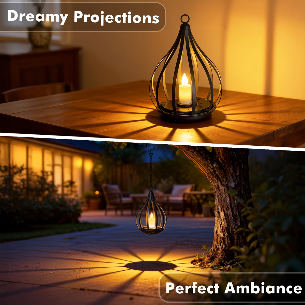 Lanterne solaire goutte en métal noir, bougie LED vacillante, IP65