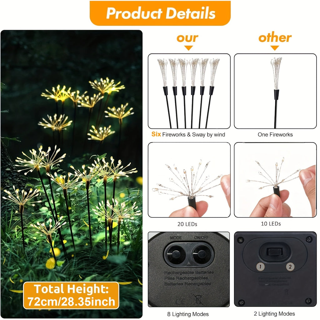Lampe solaire de jardin feu d'artifice, 120 LED sur 6 tiges souples