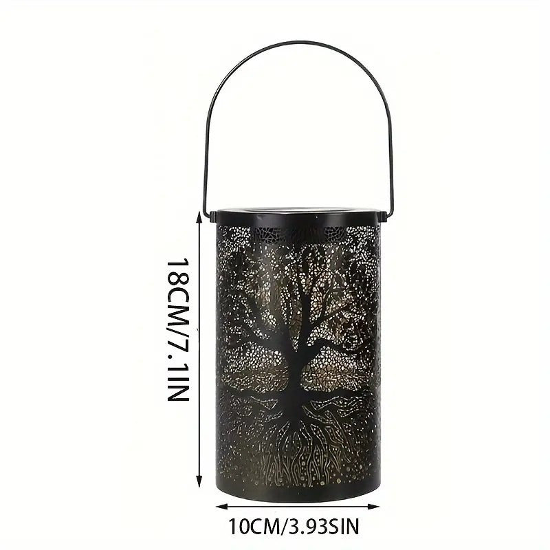 Lanterne solaire cylindre en métal ajouré, motif arbre de vie