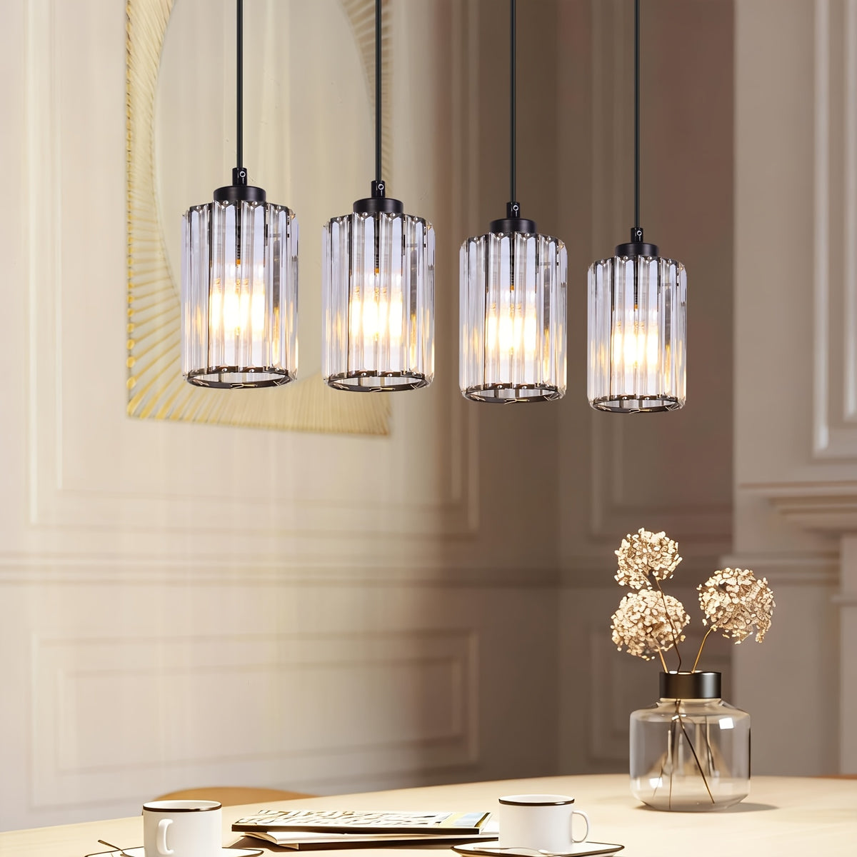 Suspension cylindres en cristal K9, 3 ou 4 lumières, monture noire