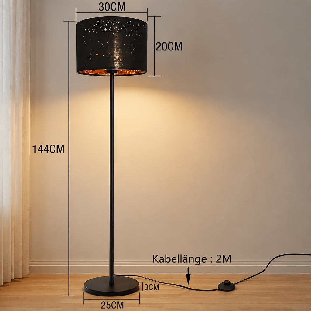Lampadaire à abat-jour ciel étoilé noir et doré, 144 cm