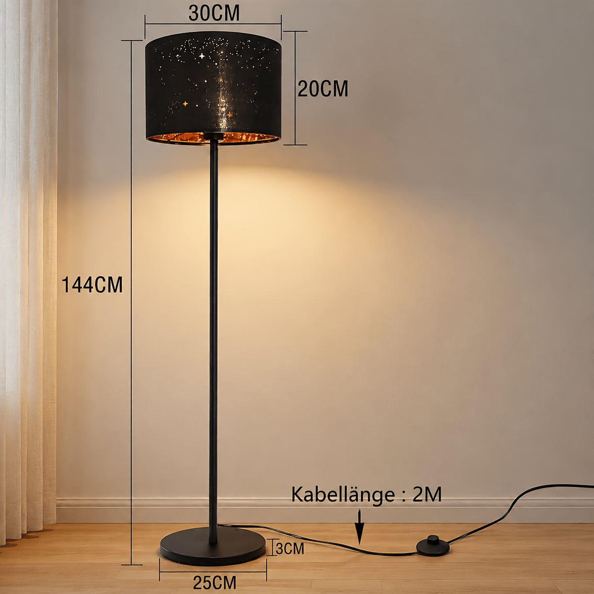 Lampadaire à abat-jour ciel étoilé noir et doré, 144 cm