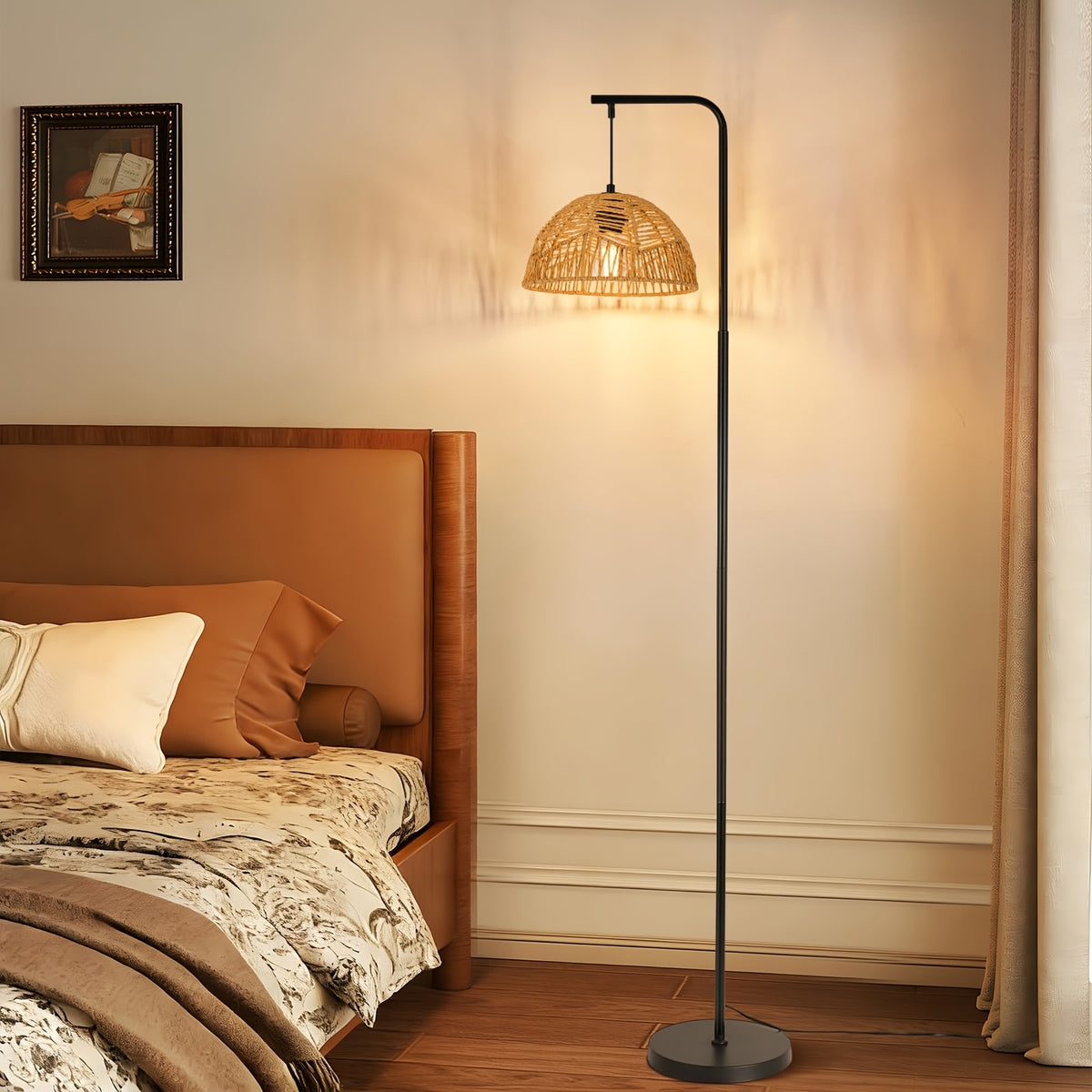 Lampadaire crosse noire et suspension tressée façon corbeille, 164 cm