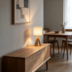 Lampe de chevet trépied en bois et abat-jour tissu, ampoule fournie