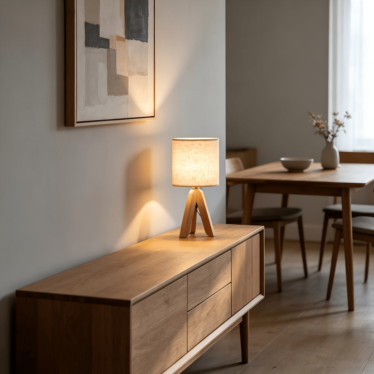 Lampe de chevet trépied en bois et abat-jour tissu, ampoule fournie