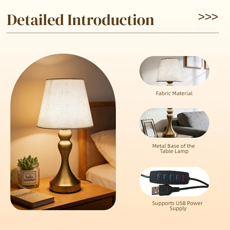 Lampe de chevet USB à pied balustre doré et abat-jour en tissu
