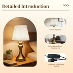 Lampe de chevet USB à pied balustre doré et abat-jour en tissu