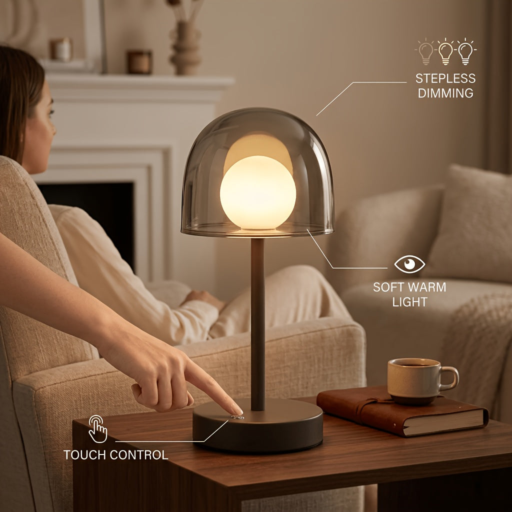 Lampe de table LED sans fil à dôme fumé et globe opalin, grise