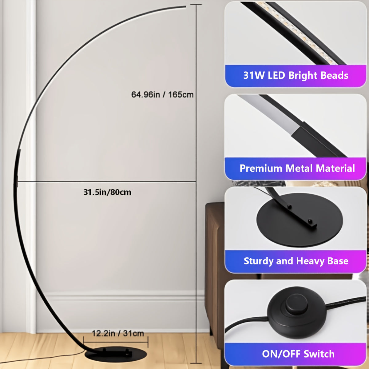 Lampadaire arc LED 31 W multicolore, interrupteur au pied, 165 cm