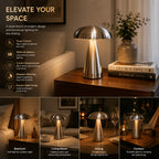 Lampe champignon sans fil en métal brossé, batterie 1800 mAh