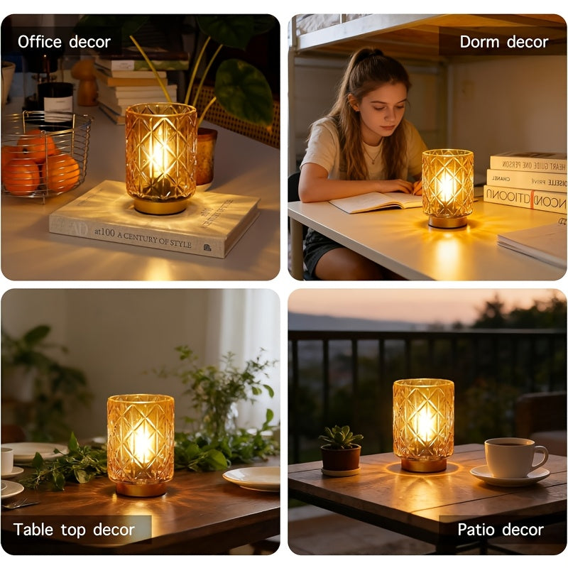 Lampe de chevet à piles en verre ambré taillé, socle doré, 15 cm