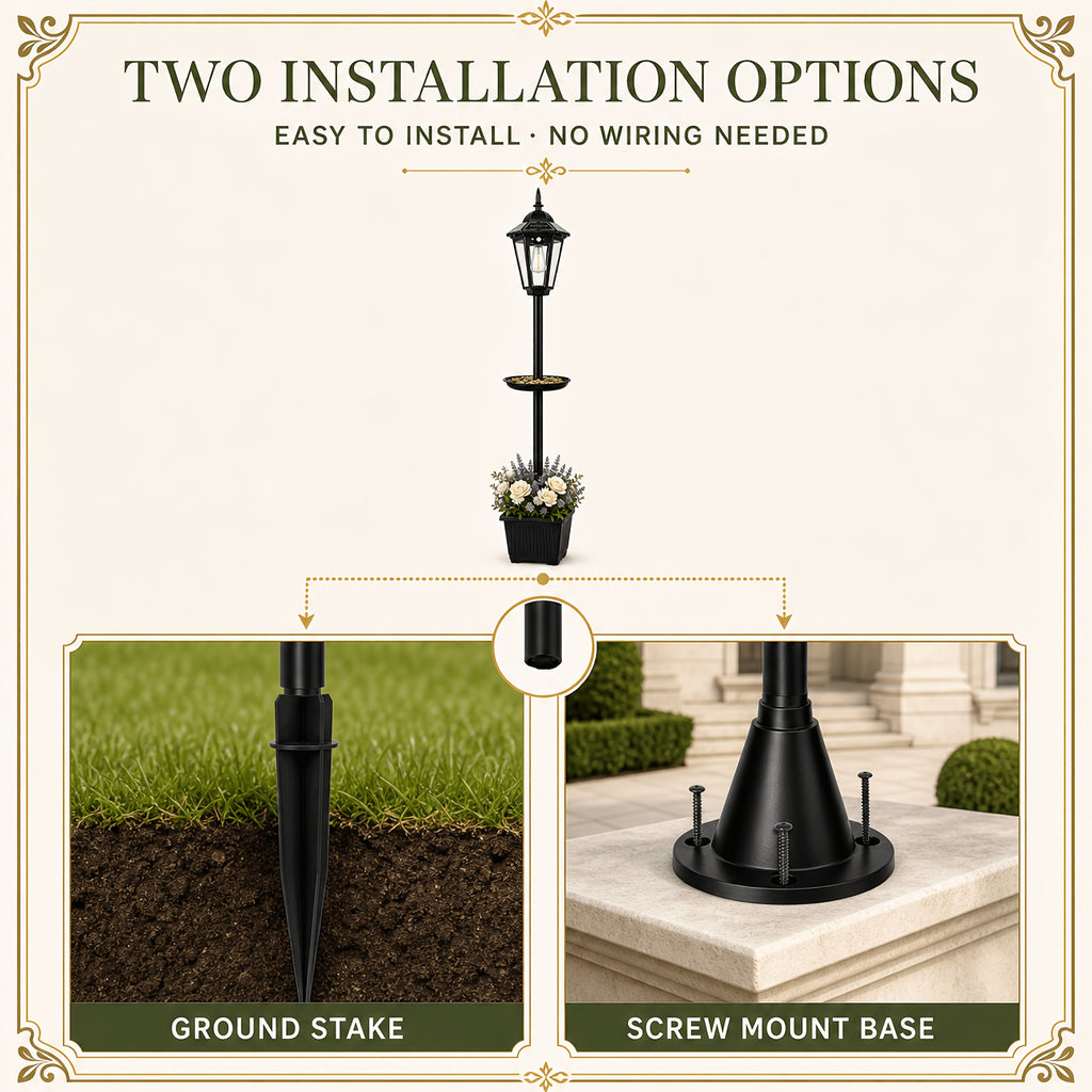 Lampadaire solaire de jardin avec mangeoire à oiseaux et pot