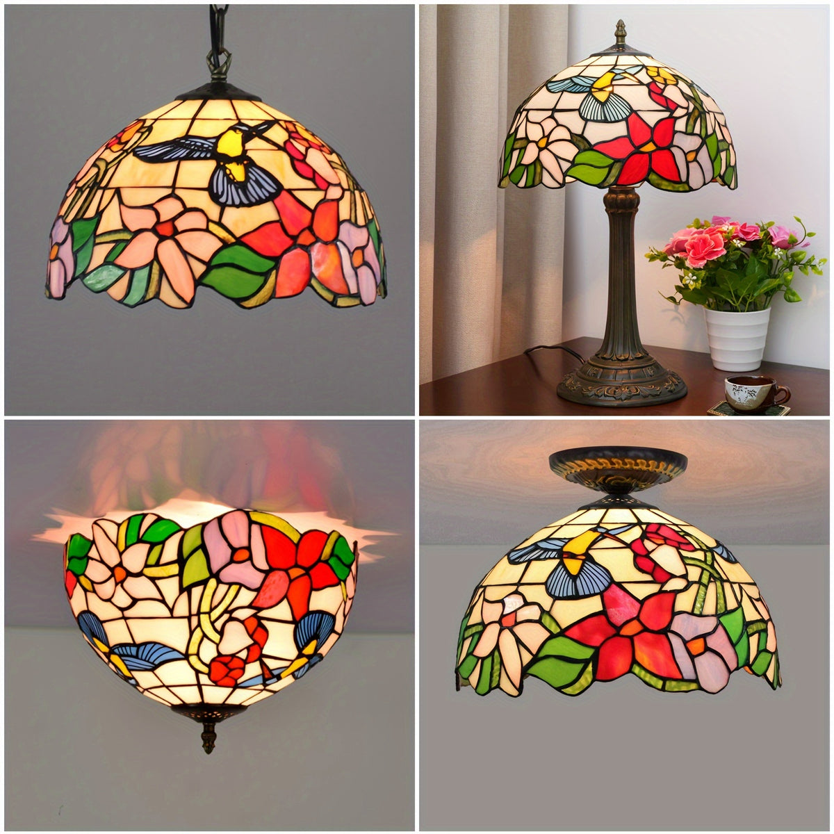Verre de remplacement en vitrail colibris et fleurs, Ø 30 cm