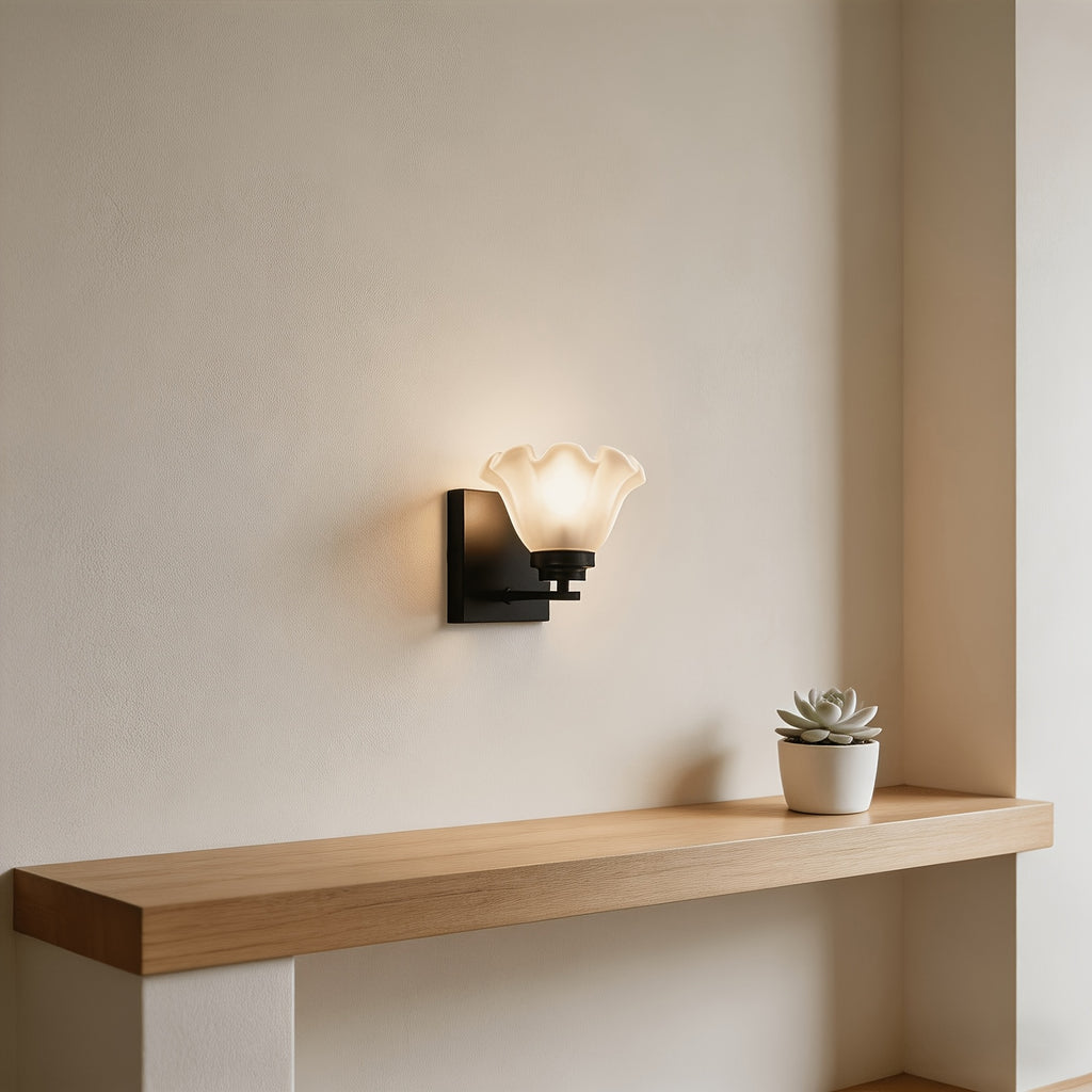 Applique murale noire et tulipe en verre dépoli, esprit rétro