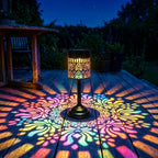 Lampe de table solaire pivoine en métal noir, projection colorée