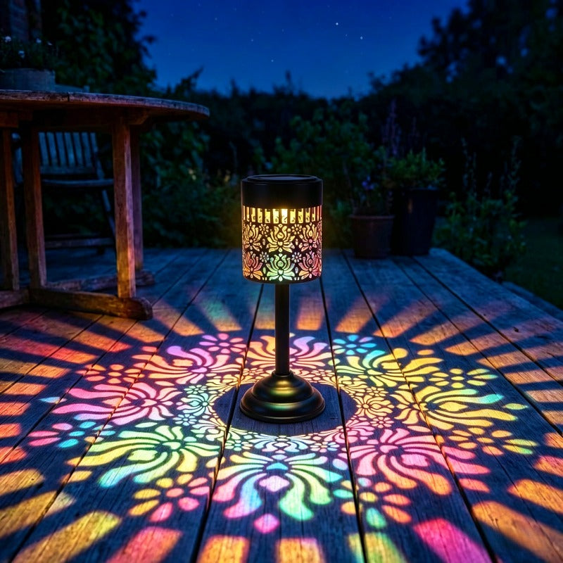 Lampe de table solaire pivoine en métal noir, projection colorée