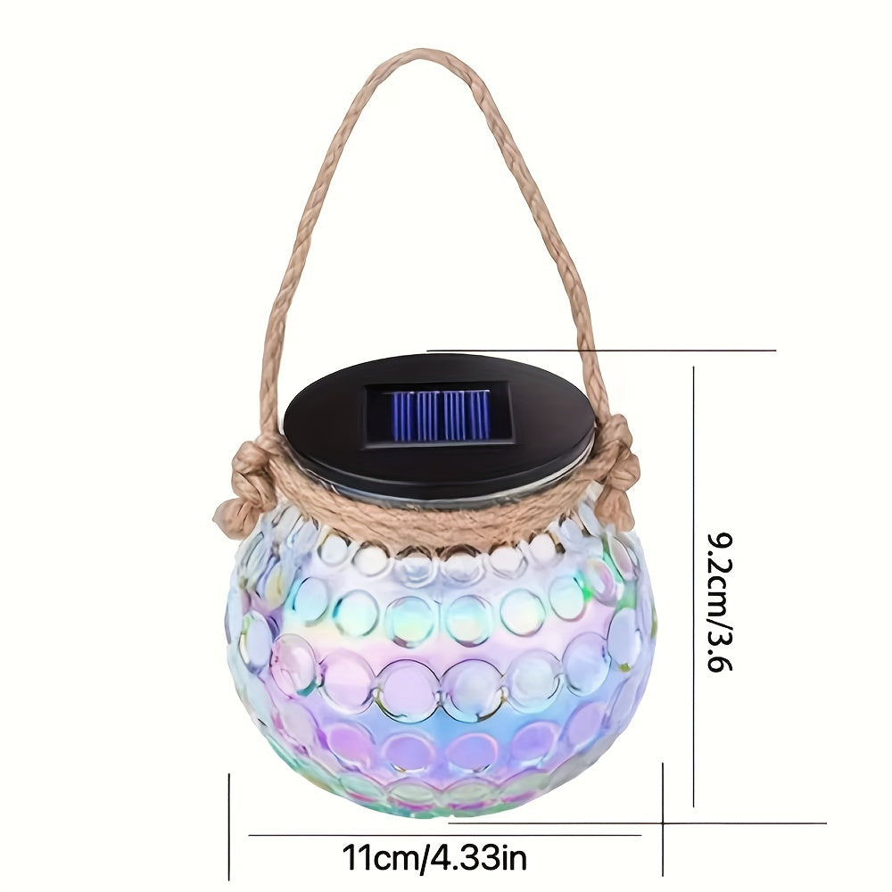 Lot de 2 lanternes solaires bocal en verre irisé, anse en corde