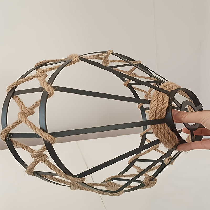 Abat-jour cage vintage en métal noir et corde de chanvre, Ø 30 cm