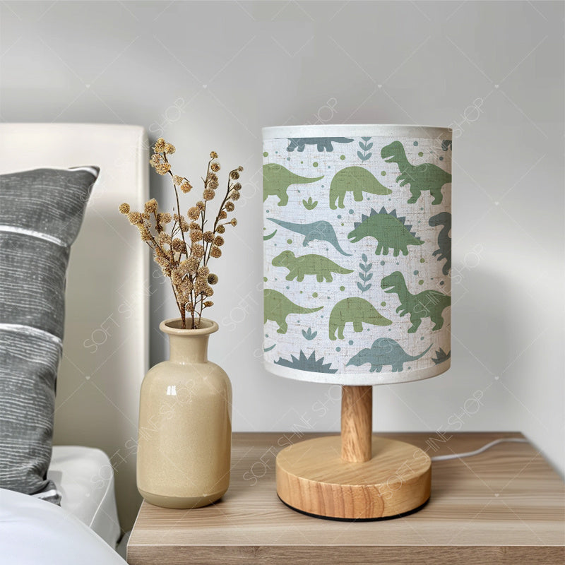 Lampe de chevet enfant à dinosaures verts, abat-jour lin, USB