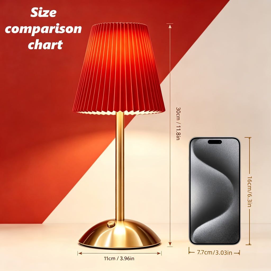 Lampe de chevet sans fil rouge, abat-jour plissé et pied doré
